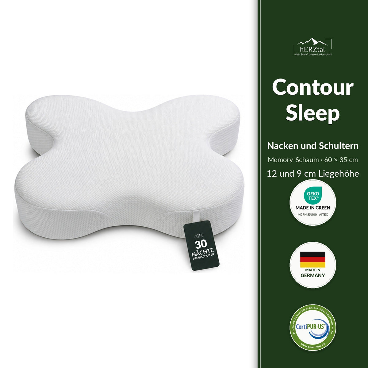 hERZtal Contour Sleep Kissen 10 cm – Memory-Schaum für Nacken und Schultern