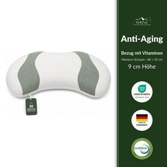 hERZtal Anti-Aging Memory-Schaum Kissen 9 cm – Bezug mit Vitaminen