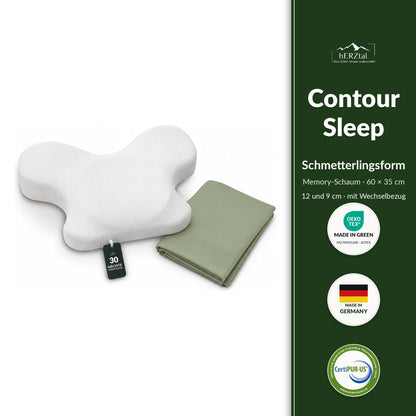 hERZtal Contour Sleep Memory-Schaum-Kissen 10 cm – Schmetterlingsform mit Baumwoll-Wechselbezug