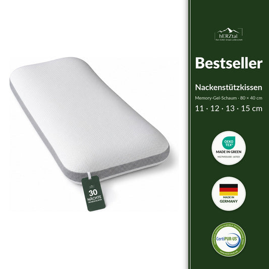 hERZtal Nackenstützkissen Bestseller – Memory-Gel-Schaum, 80 × 40 cm, vier Höhen