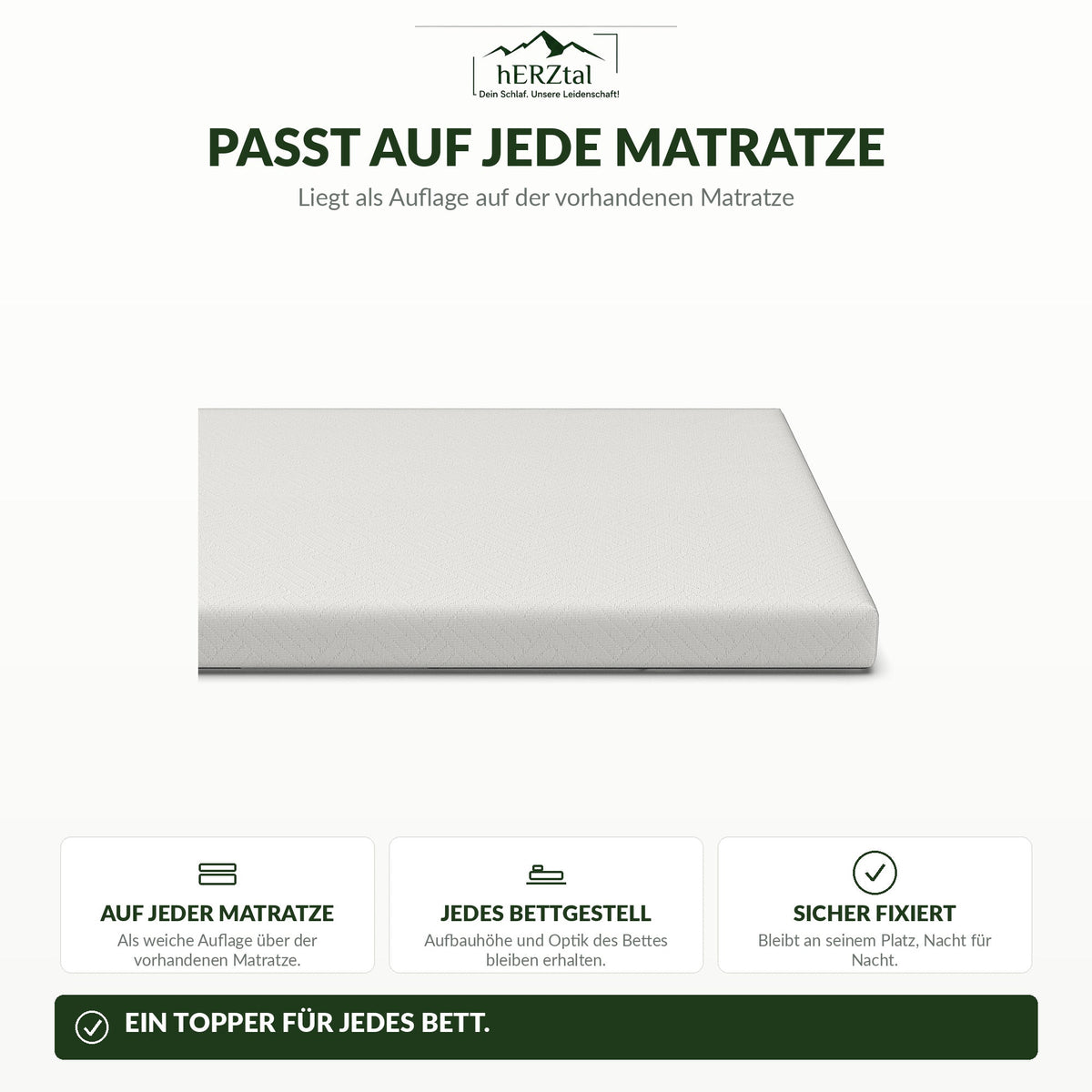 hERZtal Visco-Gel Topper – passt auf jede Matratze, vier Eckgummis