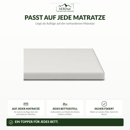 hERZtal Visco-Gel Topper – passt auf jede Matratze, vier Eckgummis
