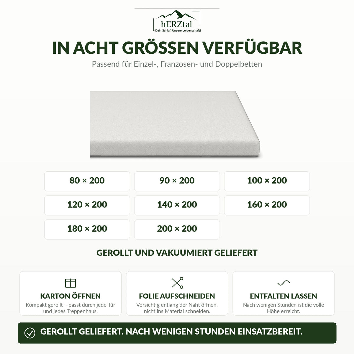 hERZtal Visco-Gel Topper – acht Größen, gerollt geliefert