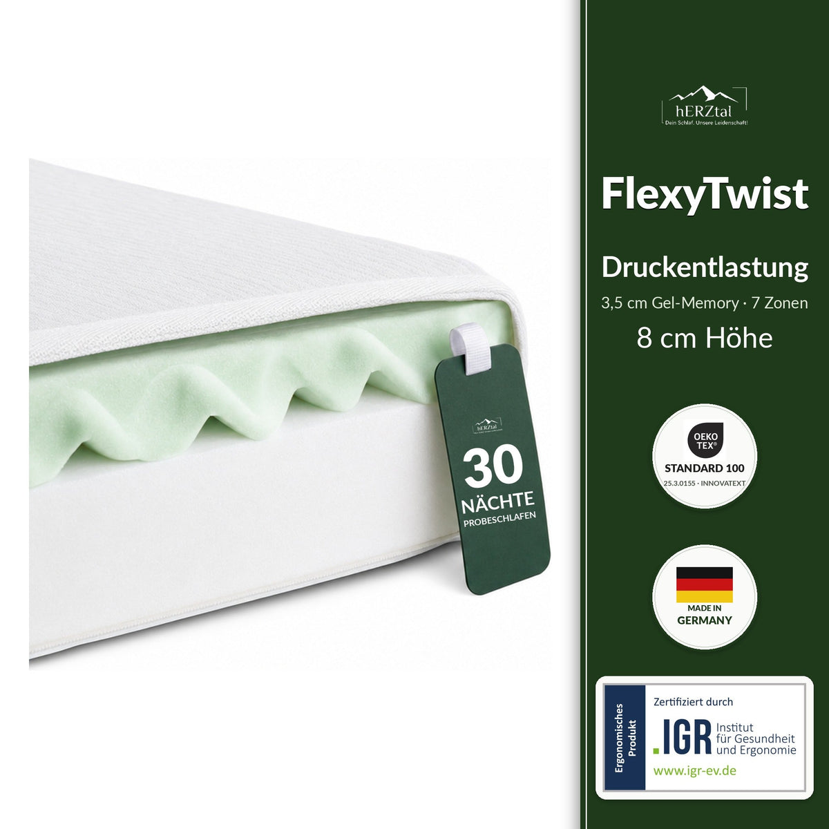 hERZtal FlexyTwist Gelschaum-Topper 8 cm – 7 Zonen für Druckentlastung, IGR-geprüft