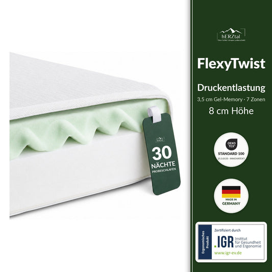 hERZtal FlexyTwist Gelschaum-Topper 8 cm – 7 Zonen für Druckentlastung, IGR-geprüft